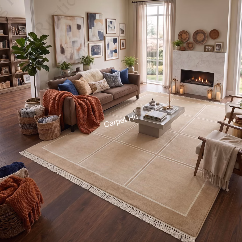 Hand Knotted Oushak Rug, Minimalist Wool Area Rug, Beige Aesthetic Grid Carpet, Custom Large Living Room Rug, Modern Runner Round Boho Rug